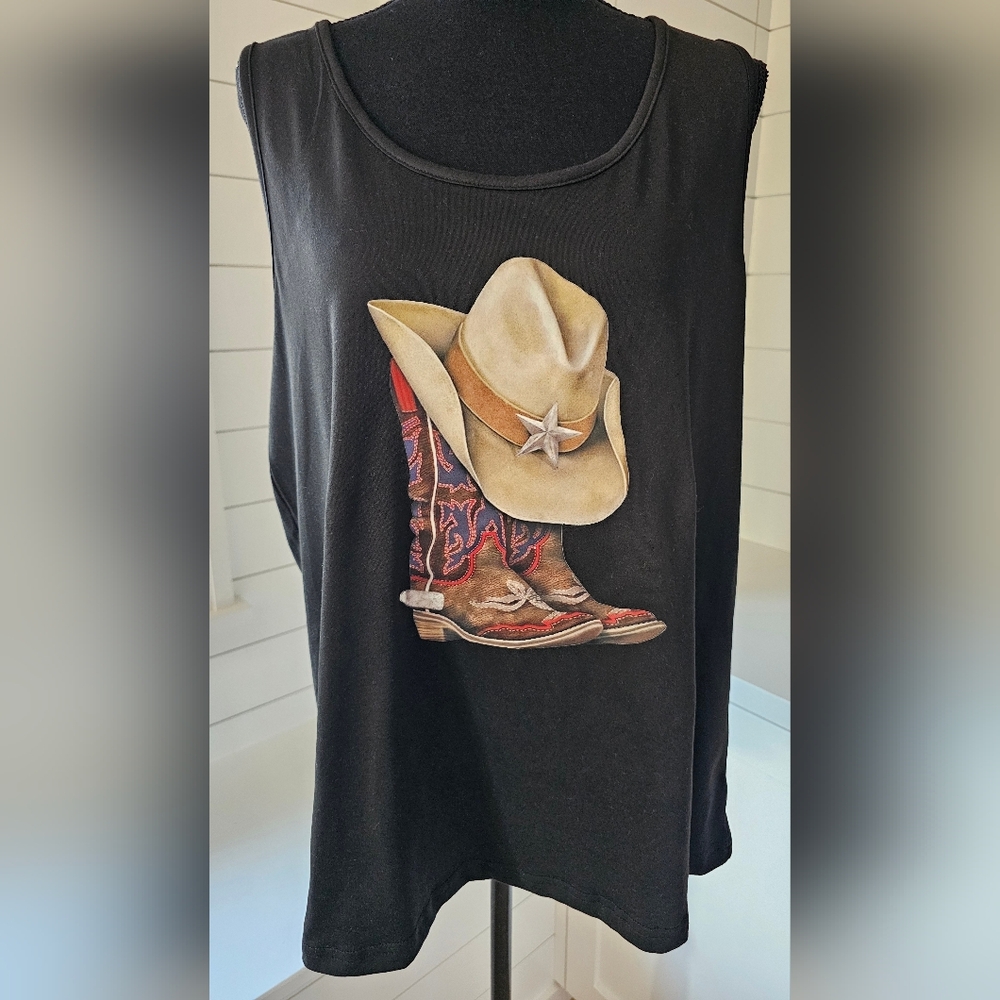 Black Sleeveless Top with Cowboy Hat and Boots Design